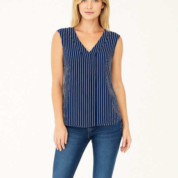 NWT White House Black Market Sleeveless V-Neck Shell Stripe Twilight #WHBM31 - Picture 1 of 9